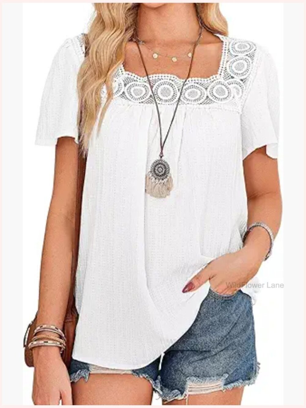 Boho Square Neck Short Sleeve Flowy Blouse Lace Hem Peasant Top